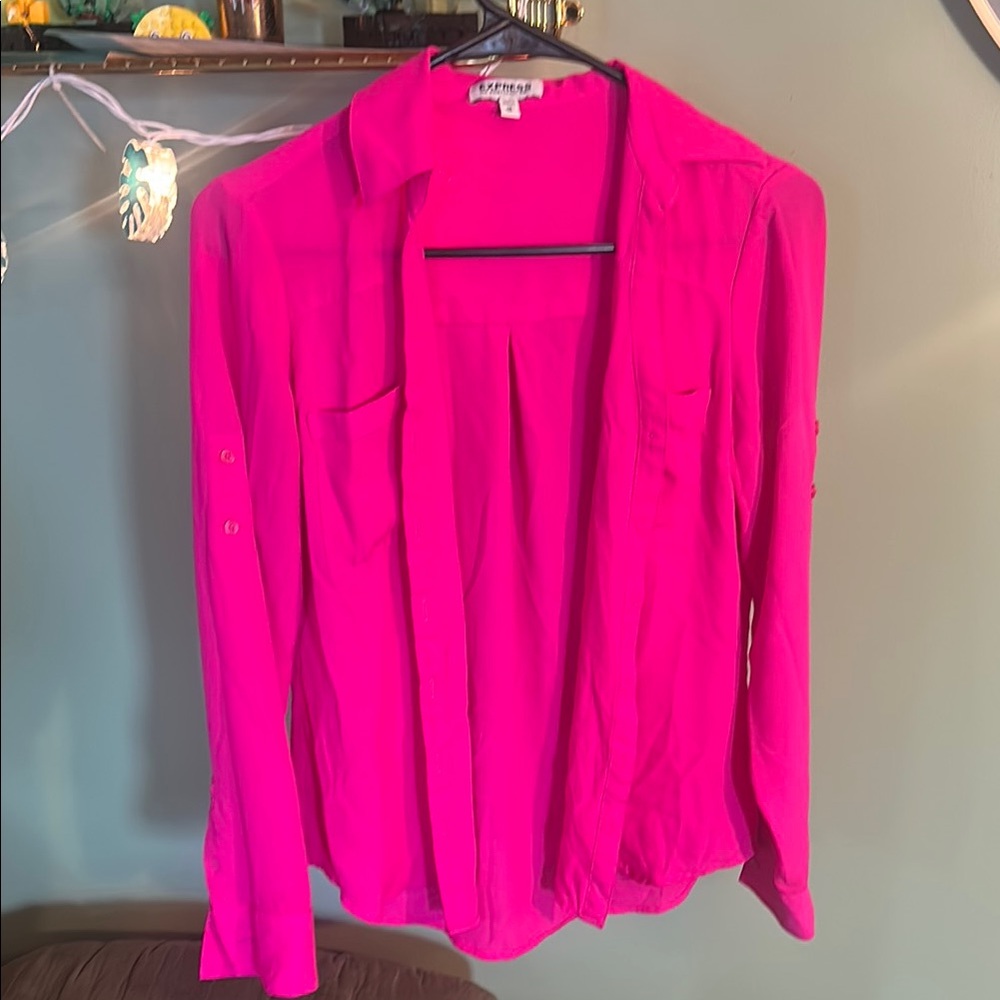 Express Pink Relaxed Button Down Blouse with Notched Collar